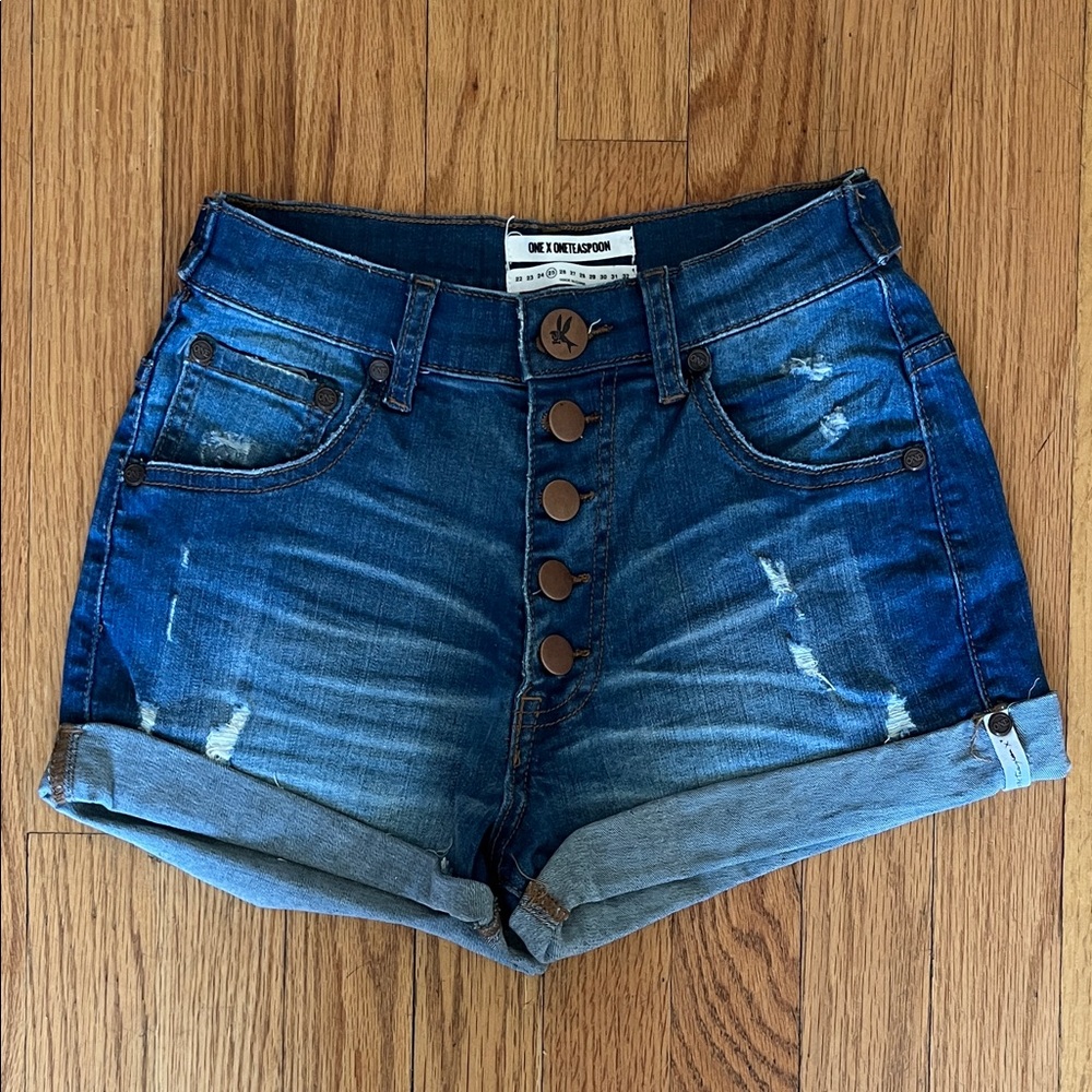 ONE TEASPOON Dark Blue Distressed Denim High-Rise Button-Fly Jean Shorts